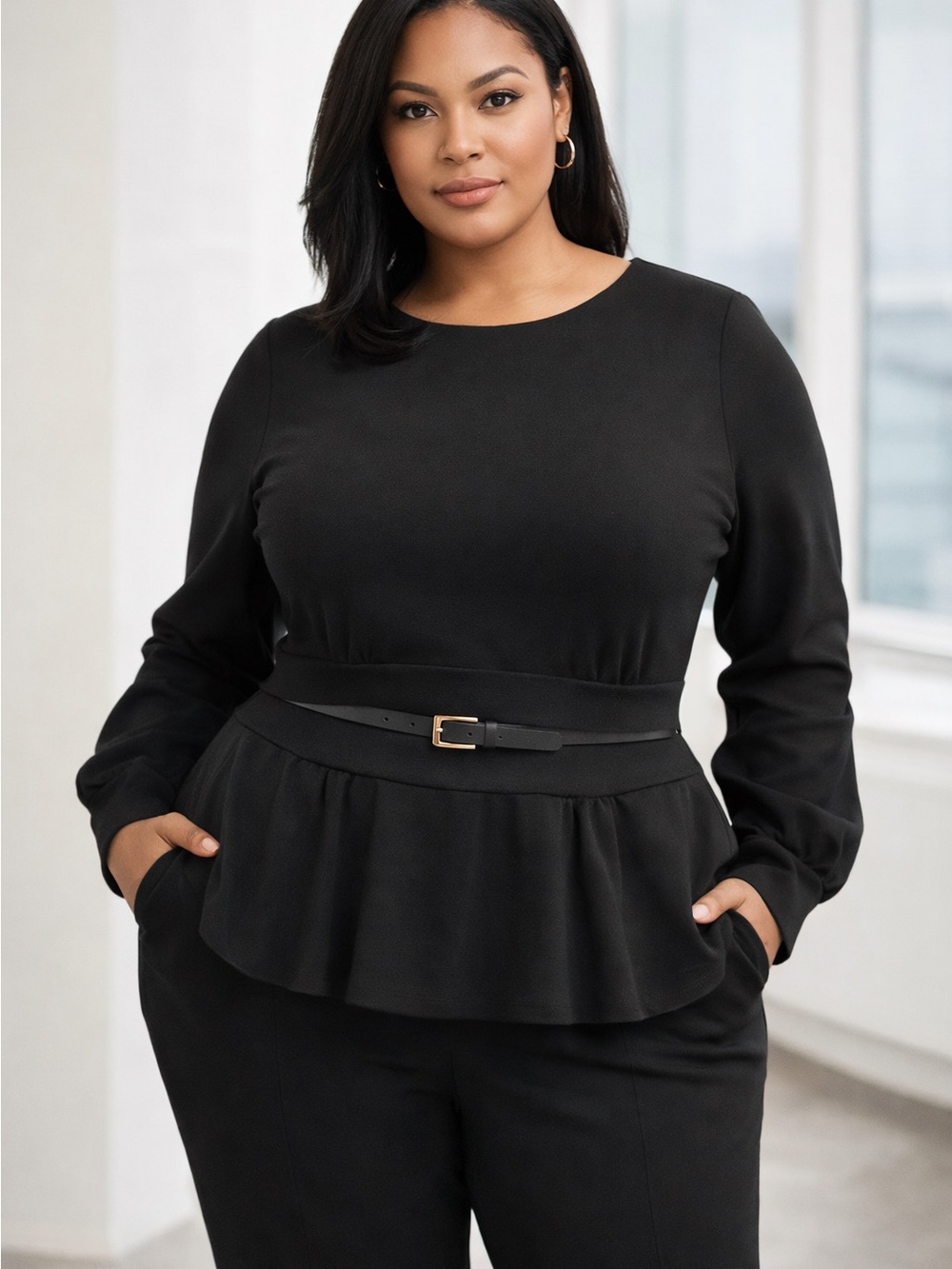 ELOQUII Black Peplum Long Sleeve Top – Size 20 Fitted Waist , flattering top